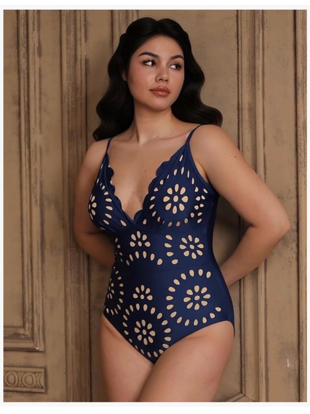 Flaxmaker One Piece Petal Hollow V Neck Swimsuit and Skirt Blue XL NWT - Picture 5 of 11